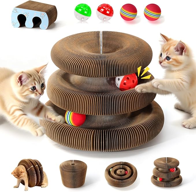Double Layer Magic Organ Cat Scratcher Board with 4 Interactive Balls, Foldable Scratching Pad for Indoor Cats, Magnetic Interactive Organ Toy, Portable Cat Toys for Apartment, Travel, New Owner