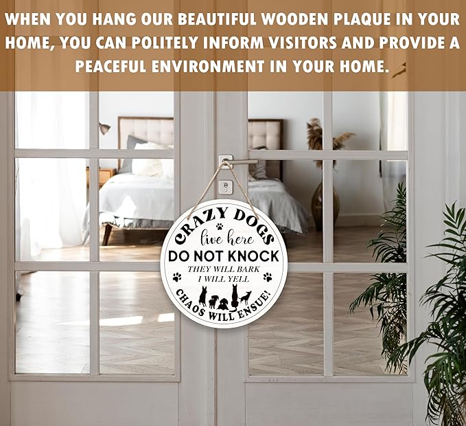 Crazy Dogs Live Here Hanging Sign, Please Do Not Knock Or Ring Doorbell Hanger For House Gate Fence Yard Front Door, Funny Wooden Round Door Sign For Outdoor Porch -07
