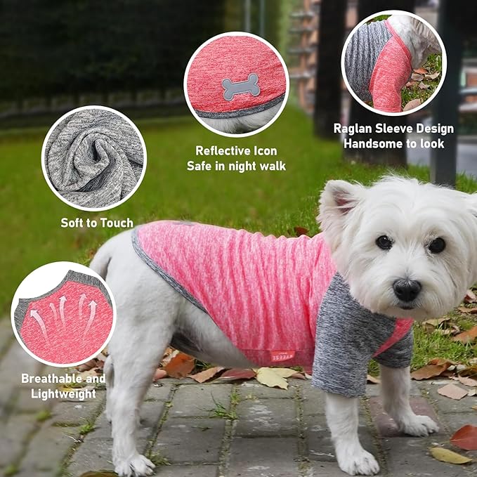 KYEESE 2Pack Dog Shirt with Sleeves, Lightweight Sun Protection Dog T Shirts for Small Dogs, Breathable Pet Tank Top Reflective Dogs Clothes for Summer Outdoor Walking, Coral Red+Grey, M