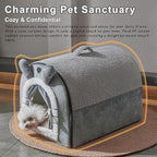 Jiupety Cute Small Dog Cave Bed with Door Curtain Design, Dog House with Reversible Washable Cushion, L Size Portable Puppy House for 14-22lb Cats and 12-17 lb Dogs, Non-Slip Bottom, Grey