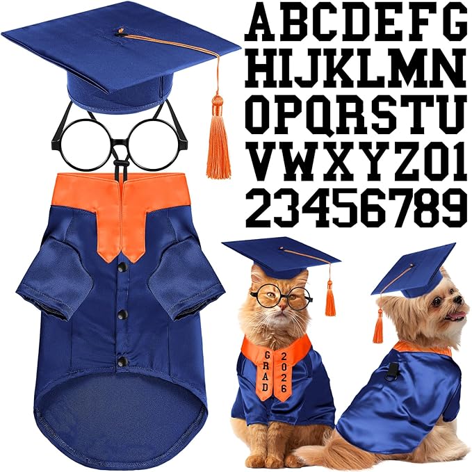 5 Pcs Dog Graduation Costume Set Include 2026 Pet Graduation Gown with Stole Puppy Grad Cap Lensless Glasses DIY Letter Stickers for Dogs Cats Holiday Costume Accessory(Blue Orange,S)