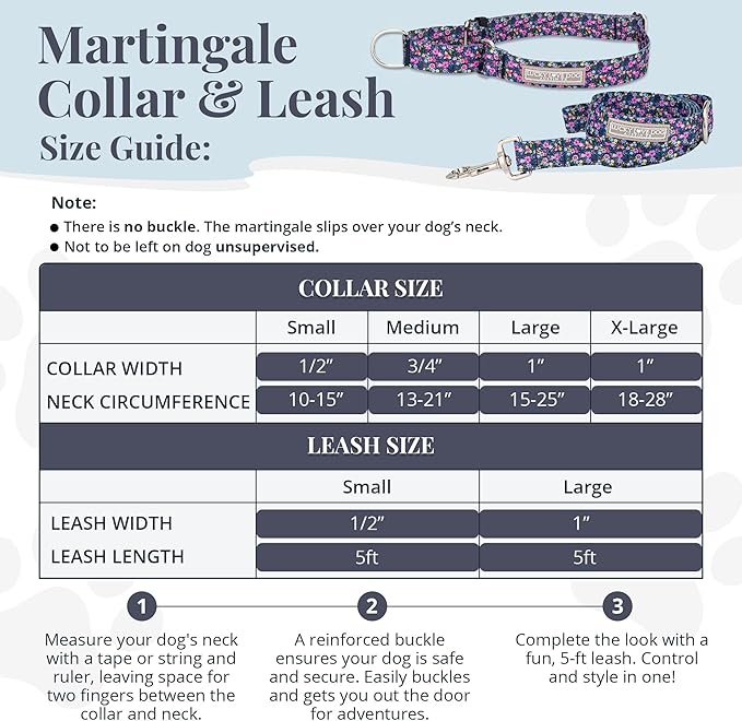 Lucky Love Dog Martingale Dog Collar & Leash - Adjustable, No-Slip, Durable, Comfortable, Soft Webbing, & Stylish Patterned Collar & Leash Set for Male and Female Dogs - Primrose Combo, Medium