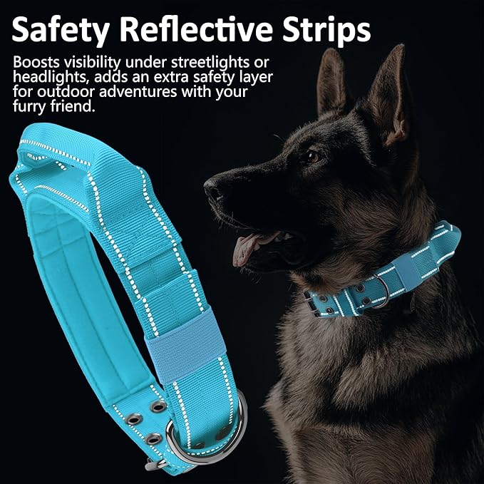 Tactical Dog Collar with Control Handle, Military Adjustable Pet Collar Reflective Heavy Metal Buckle Dog Collar, Soft Nylon Training Collar for Medium Large Dogs (Blue, Large)