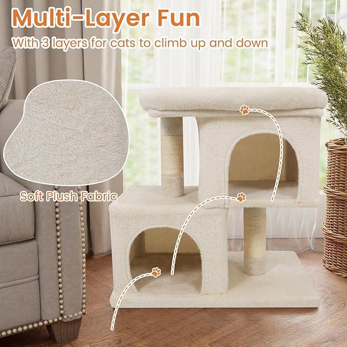 Tangkula Small Cat Tree for Indoor Cats, 25.5 Inch Cat Tower with Sisal Scratching Posts, 2 Large Cat Condos with Padded Top Perch, Modern Cat Climbing Furniture for Adult Cats & Kittens (Beige)