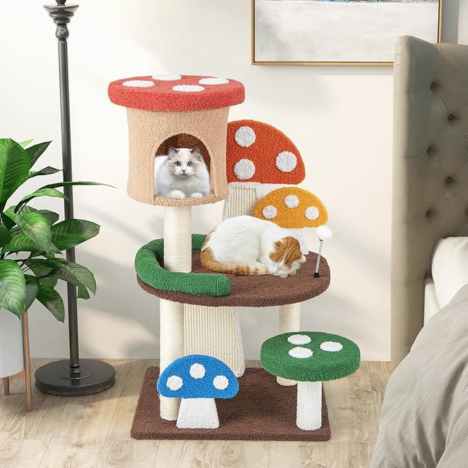 Mushroom Cat Tree, Multi-Layer Cat Tower with 2 Condos & Platforms, Cat Activity Center with Full-Wrapped Sisal Posts, Sisal Scratching Boards & Interactive Balls for Indoors (40.5")