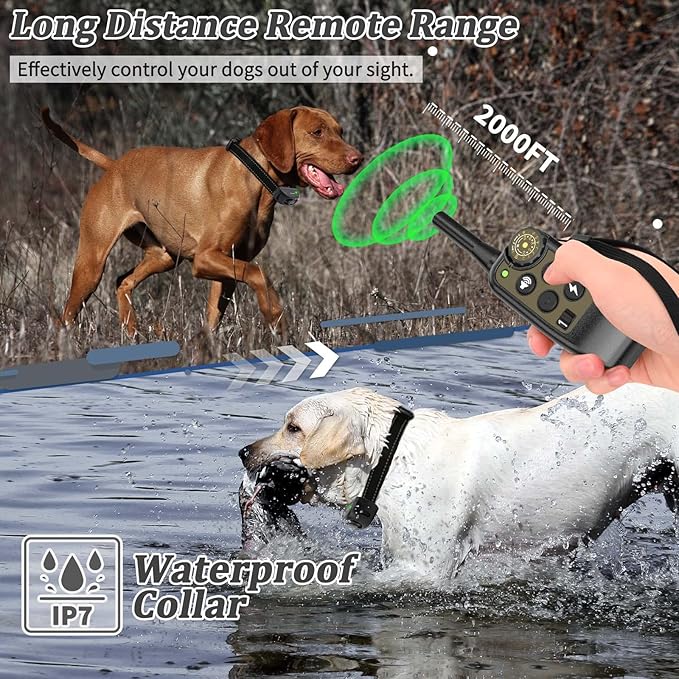 Dog Training Collar with Remote 2000ft, 100% Waterproof Shock Collar for Large Medium Dogs(8-150lbs) with Beep Vibration Shock, Rechargeable Electric Dog Collar with Intensity Dial Knob