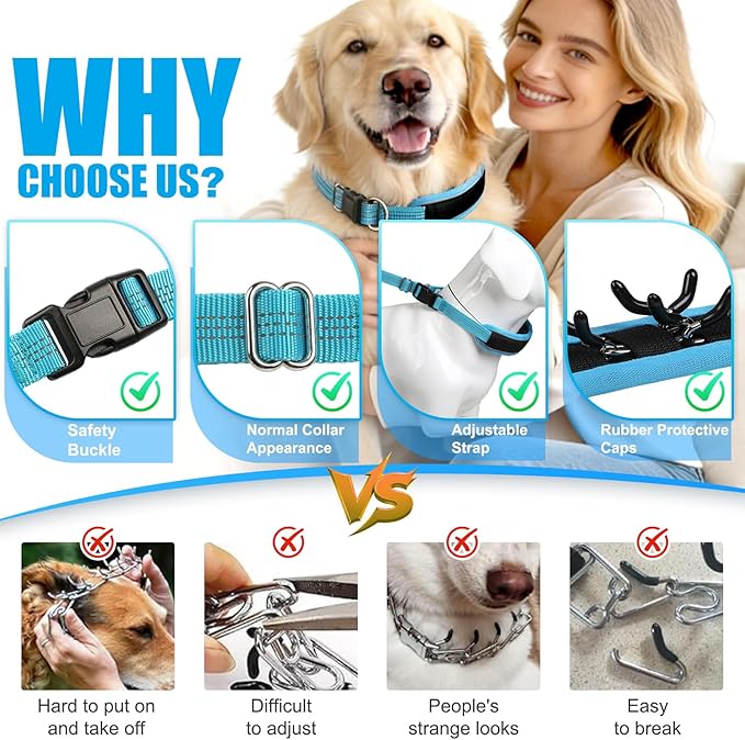 Lightweight Prong Collar for Dogs, Reflective No Pull Dog Collar | Adjustable Size Dog Pinch, Breathable Woven Fabric Air Grid Technology, Martingale Collar for Dogs Training(Blue-XL)