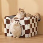 LE SURE Indoor Cat Beds Kitten House - Large Cat Cave for Pet Cube with Fluffy Ball Hanging, Foldable Small Animal Hideaway, 16.5x16.5x13 inches, Brown Checks