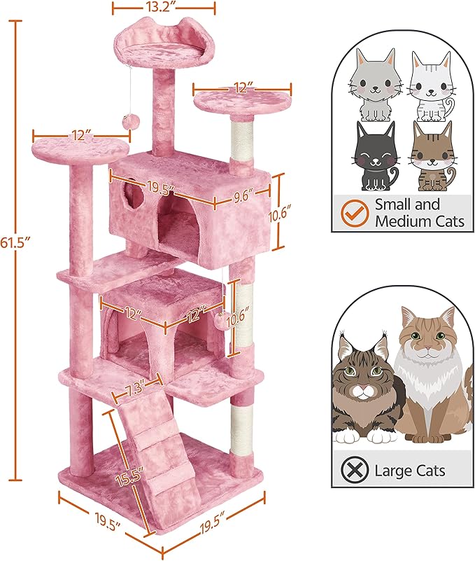 Topeakmart 61in Cat Tree for Indoor Cats, Cat Tower with Scratching Posts Spacious Perch & Platform for Kittens, Pink