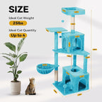 Cat Tree 54-Inch Cat Tower with Padded Plush Perch 2 Comfy Caves, Scratching Posts, Basket, 2 Pompoms, Multi-Level Plush Cat Condo for Indoor Cats Kittens, Blue