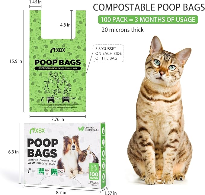 Cat Litter Bags for Poop, Compostable Kitty Poop Bags, 100 Count Unscented Disposal Waste Bags with Handle, Fit Any Scoop, Odor Sealing and Leakproof Dog Pooper Bag