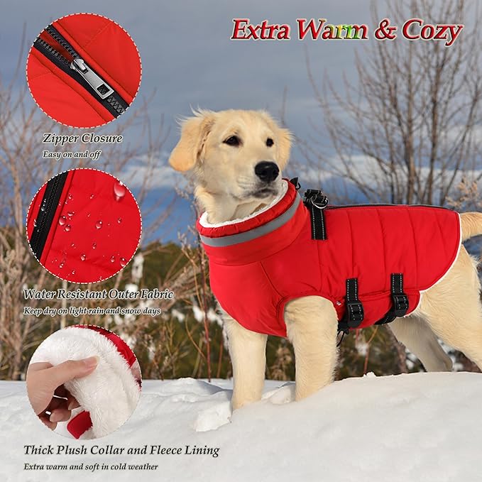 Dogcheer Dog Coat with Harness, Waterproof Dog Jacket Adjustable Pet Winter Coat with Zipper, Christmas Puppy Snow Jacket Fleece Sweater for Small Medium Large Dogs - Red M