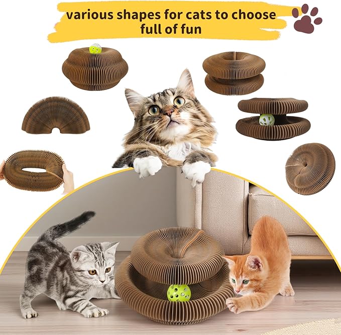 Magic Organ Cat Scratcher Cardboard Toy with Bell Ball,Interactive Honeycomb Kitten Curlz Reversible Scratching Board for Indoor Cats:Exercise,Anxiety Relief&Furniture Protector,Shape-Changeable