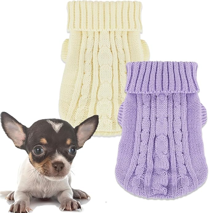 2 Pack Dog Sweaters for Small Dogs, Chihuahua Yorkie Sweater, Puppy Clothes Winter Warm Pullover Clothing, Pet Cat Cold Weather Puppy Cold Outfits Beige+Purple XXS