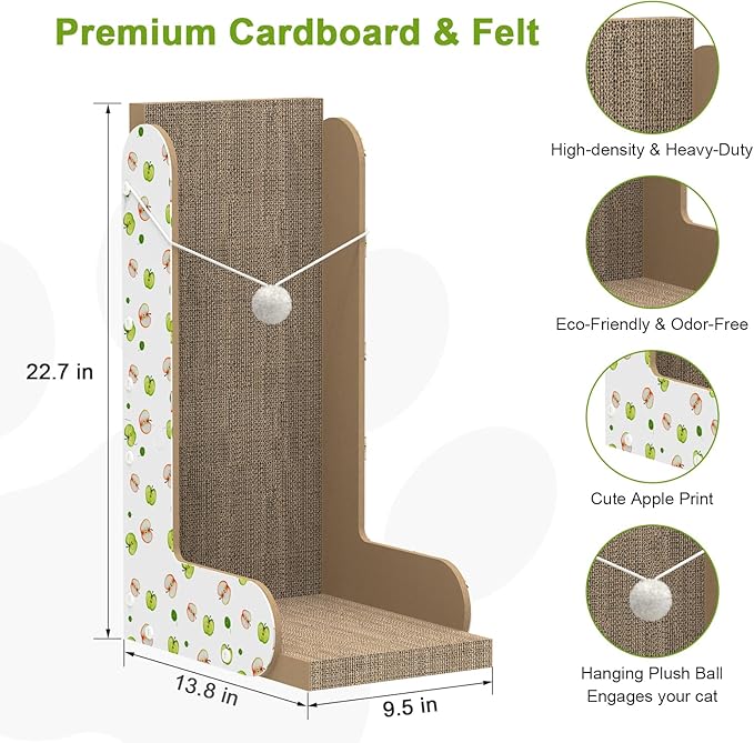 Cat Scratcher, 22.7’’ L-Shaped Cat Scratching Board for Indoor Cats, Large Cardboard Cat Scratcher with Ball Toy & Catnip, Double-Sided Cat Scratch Pad for Wall, Couch