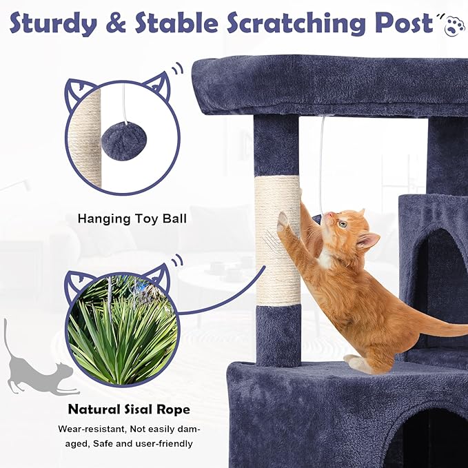 Cat Tree Tower, 36 Inches Cat Condo Houseswith Scratching Posts, Ramp, Plush Perch & 2 Spacious Condos, Stable for Multiple Cats Kittens House & Small Room(Dark Grey)