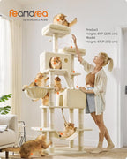 Feandrea Cat Tree, 81.1-Inch Large Cat Tower, Multi-Level Plush Condo with 13 Scratching Posts, 2 Perches, 2 Caves, Basket, Hammock, Pompoms, Beige UPCT190M01