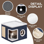 Cat Beds for Indoor Cats, Large Cat Cave with Fluffy Ball and Scratch Pad, Foldable Cat Scratch House with Hideaway Condo for Kitten,16x16x13inch,Blue