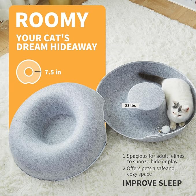 Peekaboo Cat Tunnel for Large Cats up to 10 lbs, Features A Jingle Ball, Removable and Washable Tunnel Bed, and a Cozy Donut Tunnel (Light Gray, 20 Inches)