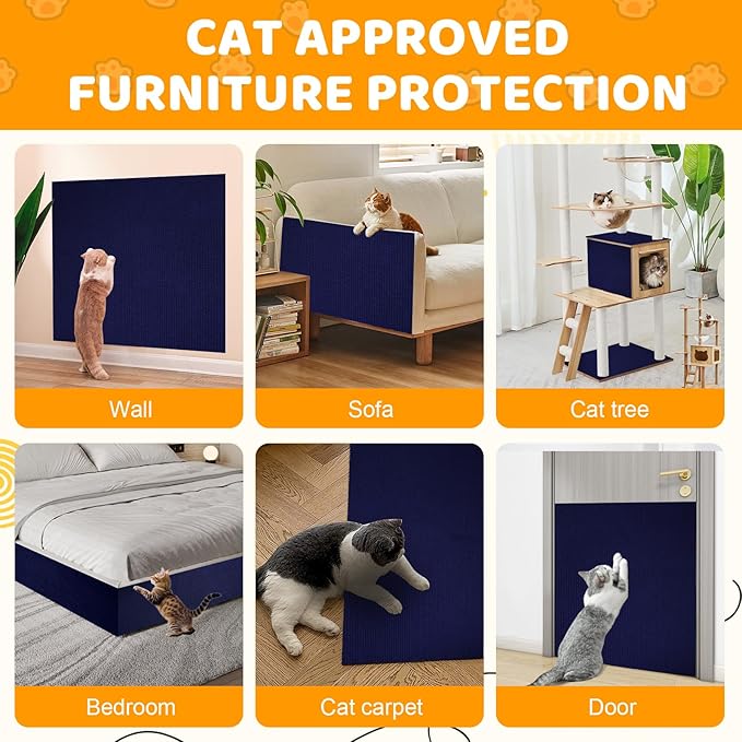 Cat Scratching Mat Self-Adhesive, 78.7'' x 15.8'' Trimmable Cat Scratch Pads Furniture Protector, DIY Climbing Cats Scratching Carpet for Couch, Door Frame or Wall Corner Protector (Dark Blue)