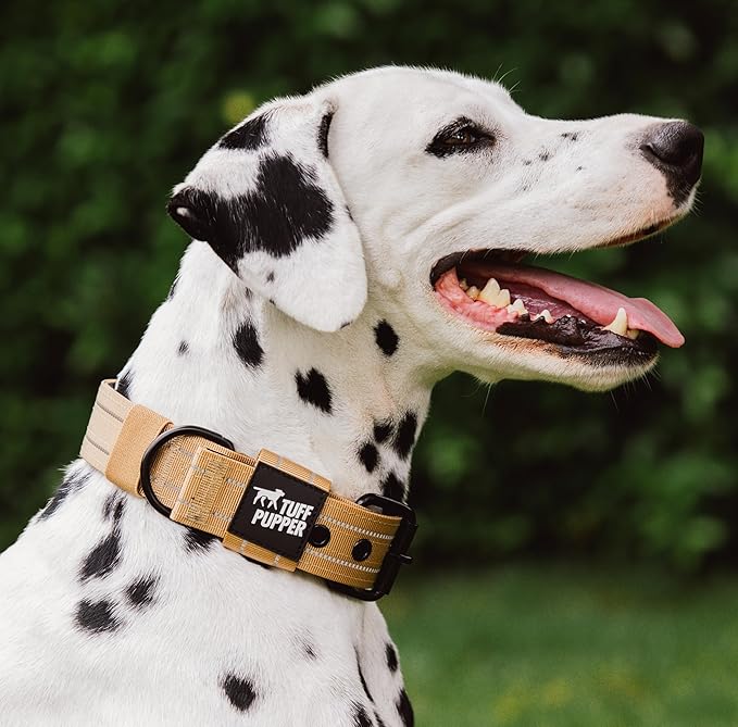 Tuff Pupper Heavy Duty Tactical Dog Collar | 1.5" Wide Ballistic Nylon | Reflective Stitching | Integrated ID Tag Holder | Stainless Steel Buckle | Padded Lining | Medium & Large Dogs (Tan, Large)