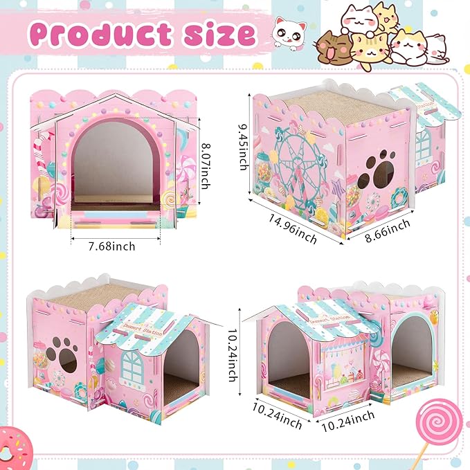 2 Story Cardboard Cat House with Scratcher Pad for Small Kitten,17x12x10 Multi Level Durable Cat Condo & Villa for Bunny Rabbit Small Animals Christmas Birthday Gift(Confectionery)