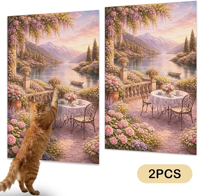 Nuxovilar Cat Wall Scratcher 15.3x23.6 Inches Polyester Synthetic Fiber, Lakeside Floral Patio Print, wall scratchers for Indoor Cats, cat Scratching mat, Home Decor, Balcony, Sunroom (2pcs)