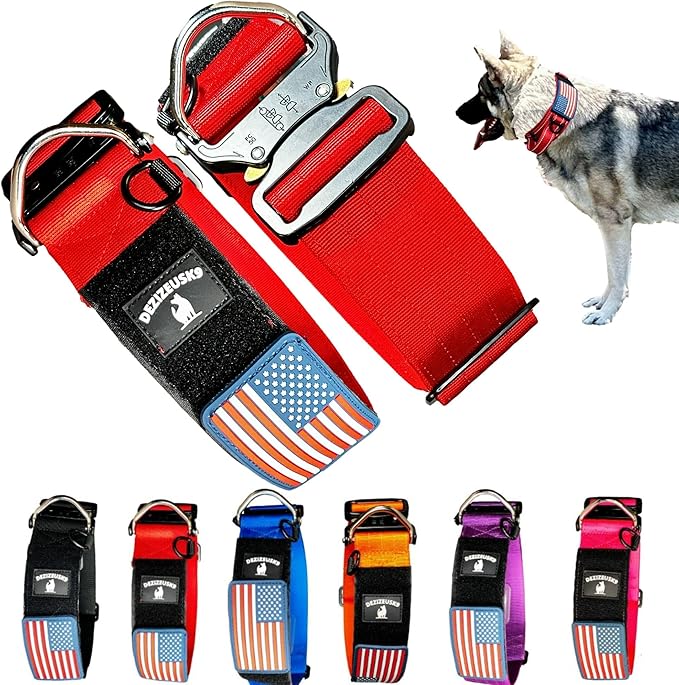 Tactical Dog Collar 2 Inch Wide Thick Heavy Duty Military Style with Metal Buckle, Adjustable for Medium - Large Breeds, Durable K9 Training Gear with Patch Area, USA Flag Patch, Strong and Secure Fit