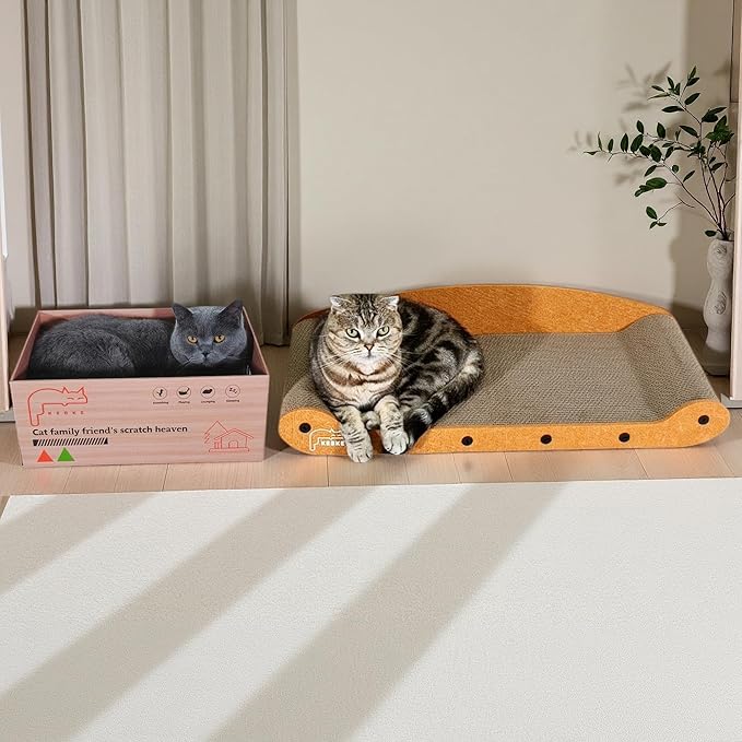 Cat Scratcher Bed 27 Inch Cat Couch Scratcher &16 Inch Cat Scratch Box with Refillable Scratch Pad Cat Scratchers for Indoor Cats Durable Extra Large Cats Lounger Furniture Protector