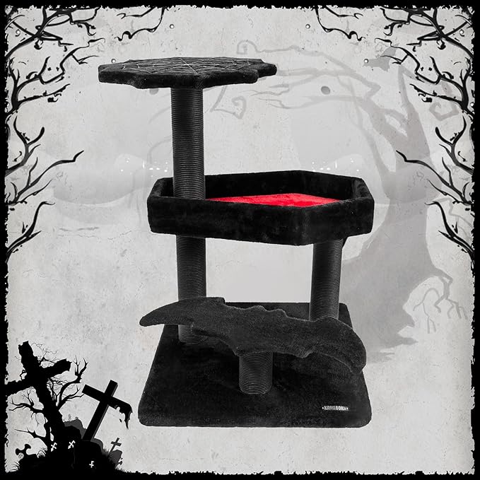 KAMABOKO Gothic Cat Tree, 30.3in Black Cat Tower with Coffin Bed, Cat Condo with Sisal Scratching Posts, Scratching Ramp and Comfort Basket for Indoor Cats