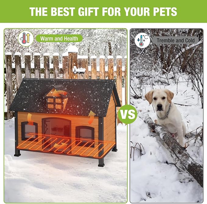 GUTINNEEN Heated Dog House for Large Dogs Outdoor Insulated Dog Kennel with Heater for Winter,All-Around Strong Iron Frame