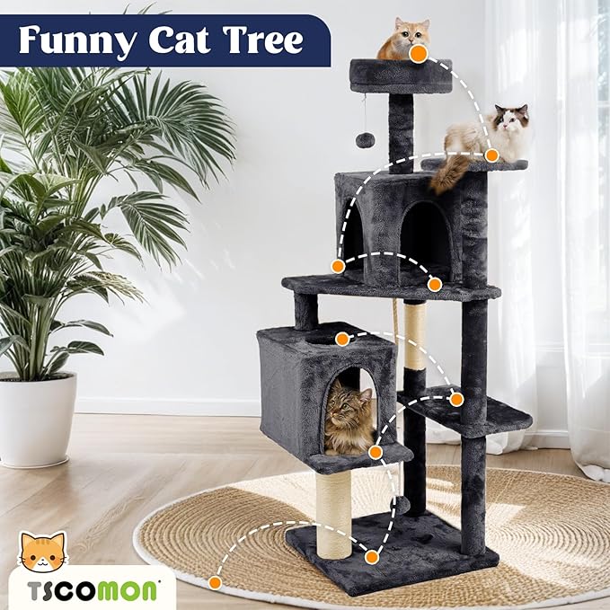 58 Inch Cat Tree Cat Tower for Indoor Cats Tall Cat Condos Scratching Post with Hanging Toy Furniture for Kitten Pets Play, Grey Black