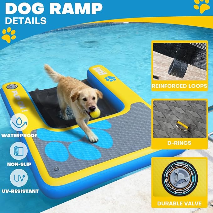 Beyond Marina Dog Pool Ramp - Inflatable Dog Water & Boat Ramp for Lake, Floating Pontoon Dock Ladder with Non-Slip EVA, PUP ON Standard, Extra Large 47" x 39" x 6", Blue/Yellow, Supports 200 lbs