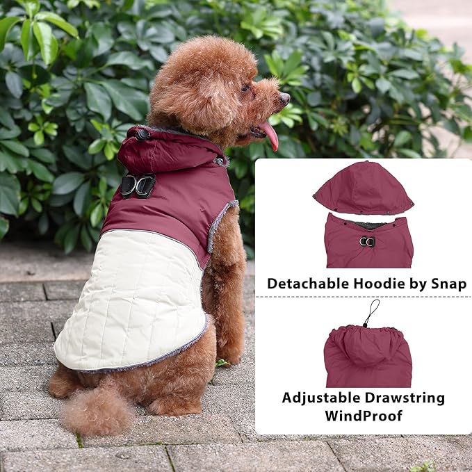 Detachable Hooded Dog Coat with Harness for Large Dogs,Super Warm Fleece Puppy Jacket for Cold Winter Doggie Coats,Red XXL