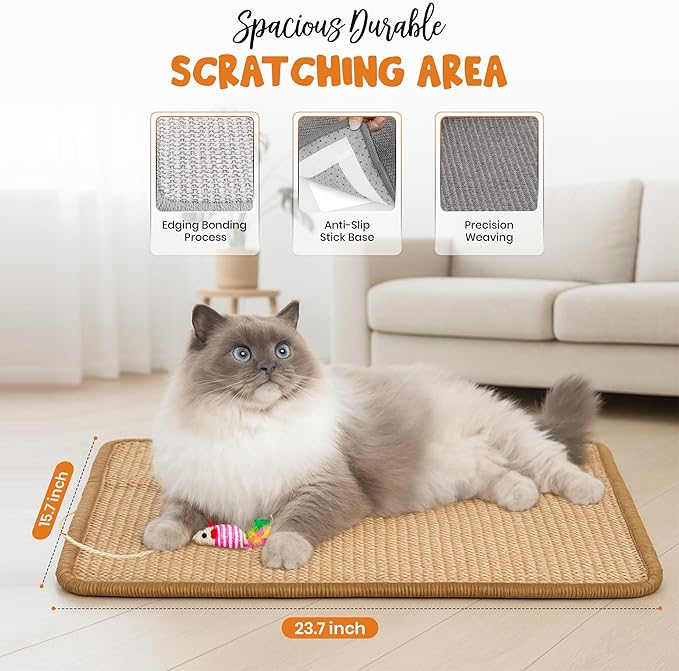 Cat Scratcher mat- Natural Sisal Cat Mat with Anti-Slip Back & Attached Sisal Mouse Toy (Natural)