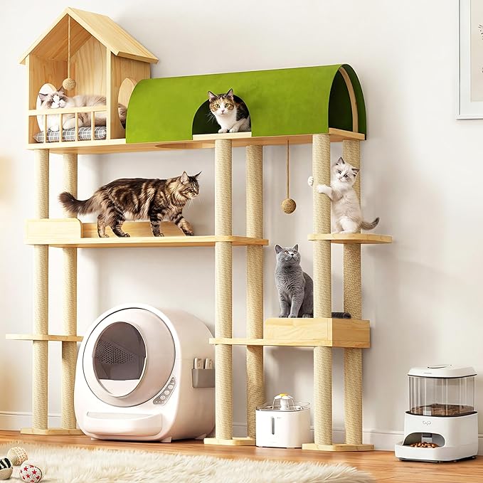 Wood Cat Tree Tower for Automatic Litter Box, 60.2'' Tall Cats Tree with Cat Tunnel, Cat Tower for Indoor Cats Large Adult, 4-Level Solid Wood Cats Furniture with 18Pcs Scratching Post, House