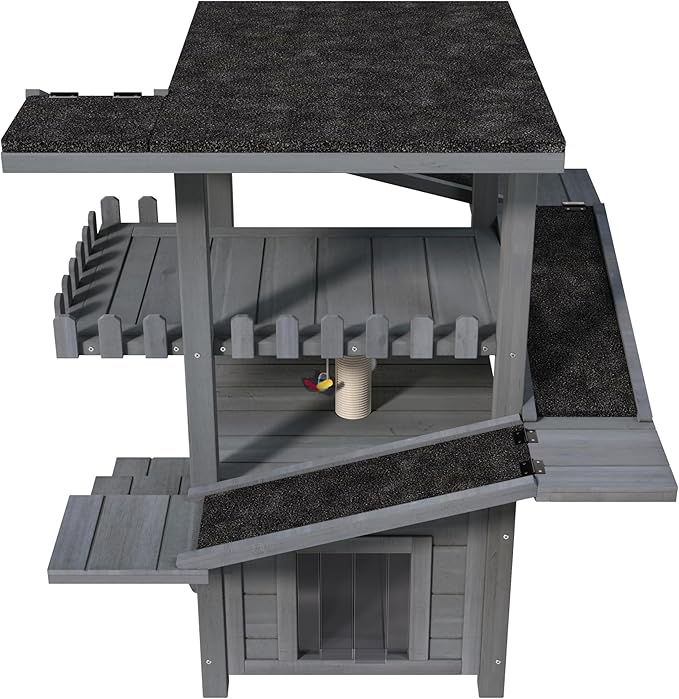 Merax 4 Tiers Outdoor Cat House, Weatherproof Cat Tree Tower with Waterproof Roof and 2 Doors, Feral Cat Shelter Outside Enclosure, Multi-Level Play Zones with Balcony for Small Animals