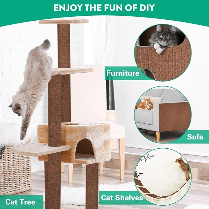 Trimmable Cat Scratcher Mat, Self-Adhesive Cat Scratching Carpet Pad Replacement for Cat Tree Shelves, Steps and Posts, DIY Cat Scratch Couch Furniture Protector (Brow, 39.4"x15.8")