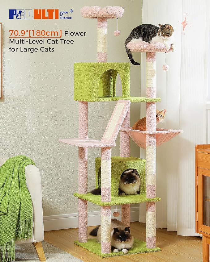 PEQULTI 71" Cat Tree for Indoor Cats, Multi-Level Cat Tower with Cozy Cat Condo Clearance Prime, Pink