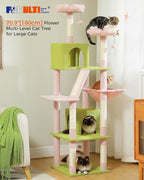 PEQULTI 71'' Cat Tree for Indoor Cats with Big Hammock, Tall Cat Tower for Large Cats with 2 Cat Condo, 2 Soft Top Perch, Scratching Posts and Pad, Pink