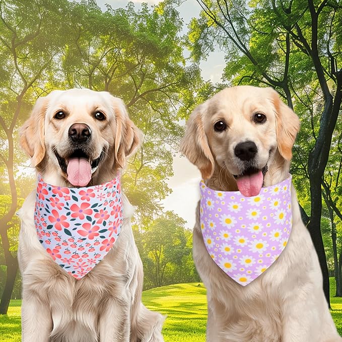 Spring Dog Bandanas Girl Large 2PCS, Purple Pink Daisy Summer Scarf, Durable Triangle Reversible Spring Bibs Handkerchief for Puppy Pet