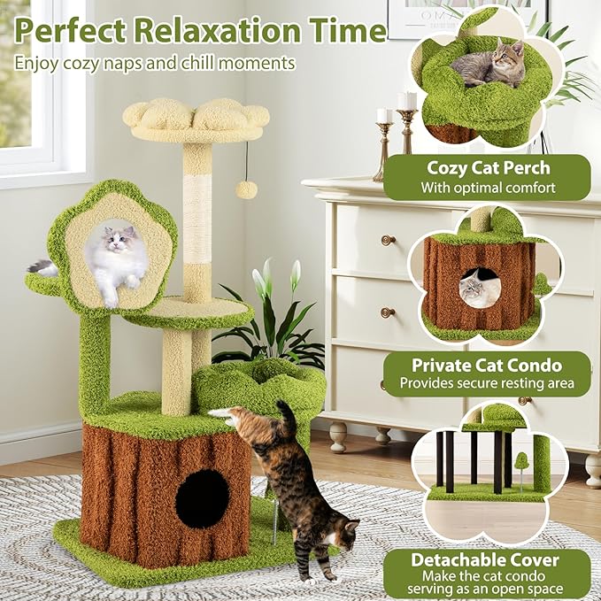PETSITE Forest-Themed Multi-Level Cute Cat Tree, 40 Inches Tall with Sisal Scratching Posts, Condo, Dangling Ball, and Spring Toy, Ideal for Indoor Small & Medium Cats (21.5 x 16 x 40 inches)