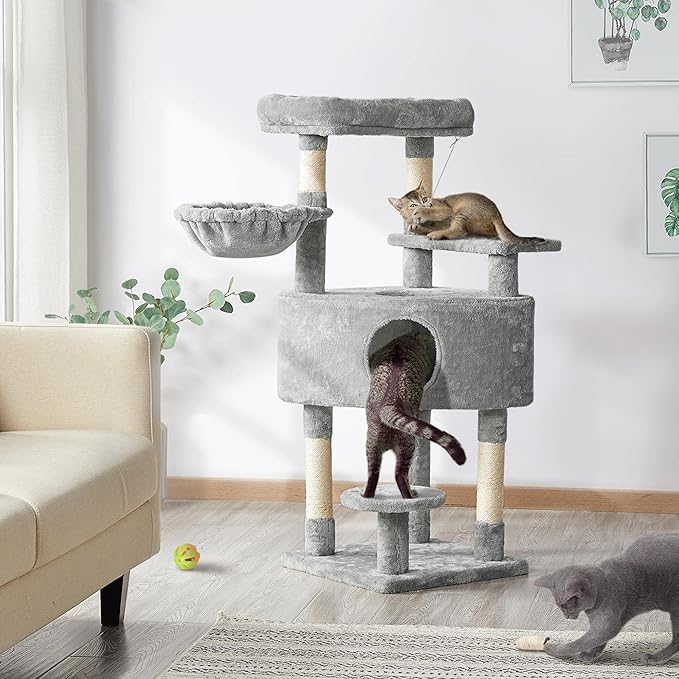 Topeakmart 46'' Cat Tree Cat Tower, with Thicker Scratching Posts, Larger Plush Perch, Spacious Condo, Basket, Multi-Level Cat Condo Furniture for Indoor Cats Kitty Pet Play House