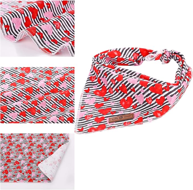 Lionet Paws Valentine's Day Dog Bandanas 2 Pack, Black and White Stripes Dog Triangle Hearts Dog Kerchief,Adjustable Triangle Holiday Scarves for Medium Large Dogs Pets