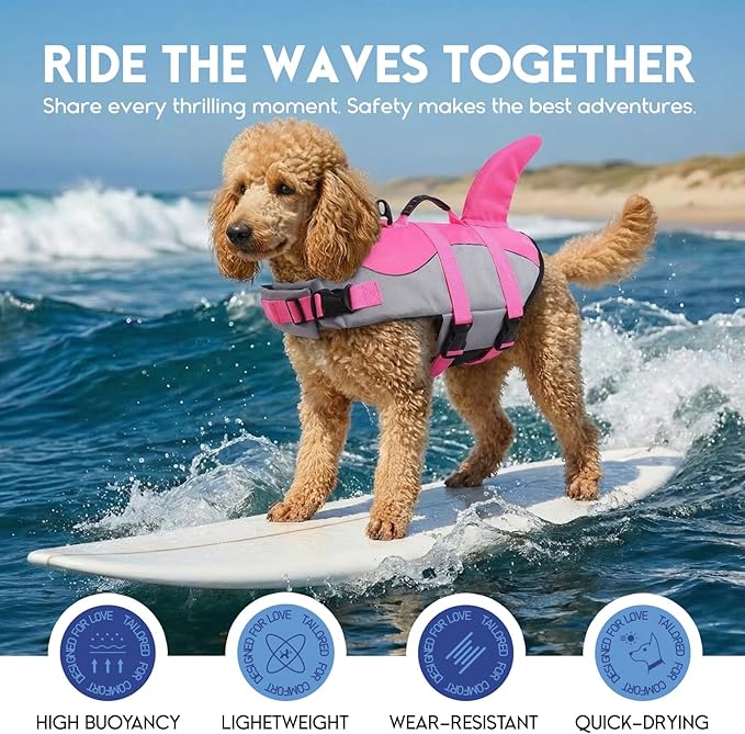 ASENKU Dog Life Jacket - Pet Safety Vest for Swimming & Boating, Shark Life Jacket with Floatation, Dog Lifesavers Swimsuits for Small Medium Large Dogs (Pink, XS)