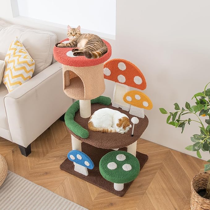 Tangkula Mushroom Cat Tree, Cute Cat Tower with Full-Wrapped Sisal Post, Scratching Board & Spring Ball, Cat Condo, Flower Cat Tree Tower for Indoor Cats Large Adult (40.5 Inch)