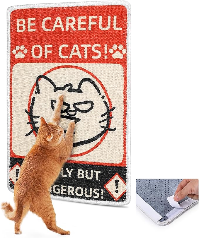 Sisal Cat Scratcher Post Mat (Use on Wall, Couch and Carpet), Durable and Shedding-Resistant Cat Scratching Surface - 21.7x13 inch with Hoop and Loop Adhesives, Twist Pins（red）
