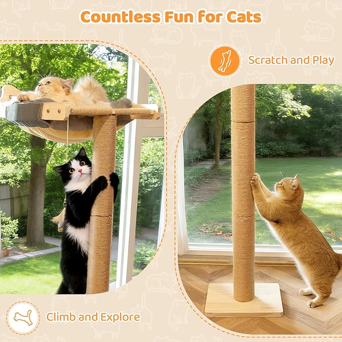 Cat Window Perch with Scratching Post, 46" Adjustable Tall Scratching Posts & Suction Cup – Gray Fluffy Cusion, Multi-Level Perch for Climbing, Bird Watching, Play, Supports 45 lbs (Drilling-Free)