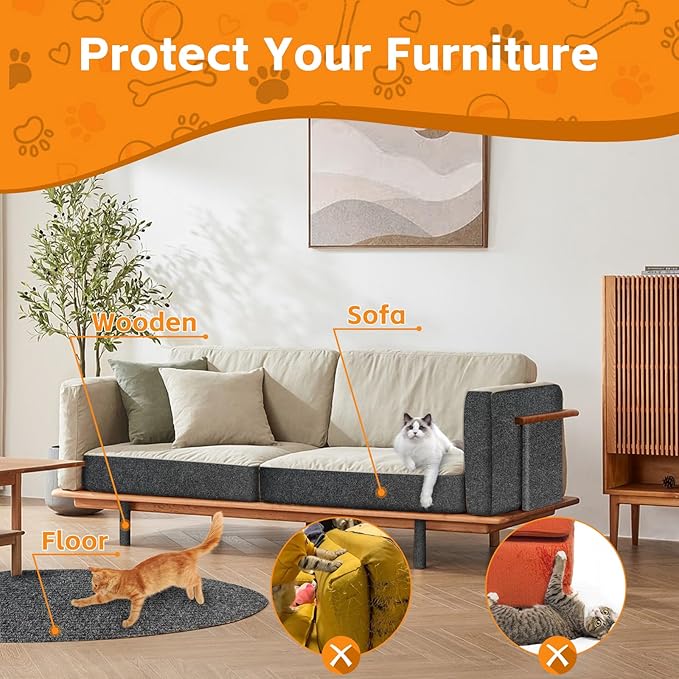 100"x16" Cat Scratch Protector Cat Anti Scratch Furniture Mat Carpet Trimmable Self-Adhesive Pad Strong Viscose Couch Protector Dark Grey