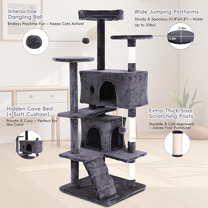 54" Cat Tree for Indoor Cat, Multi-Level Pet House w/Cat Perch, Scratch Post, Plush Toy, Perfect Pet Gift, Light Gray
